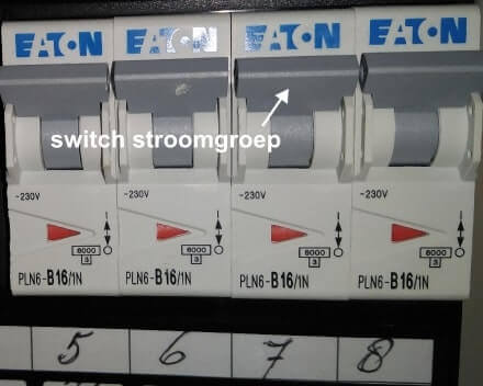 Detail groepenkast, switch schakelaar stroomgroep